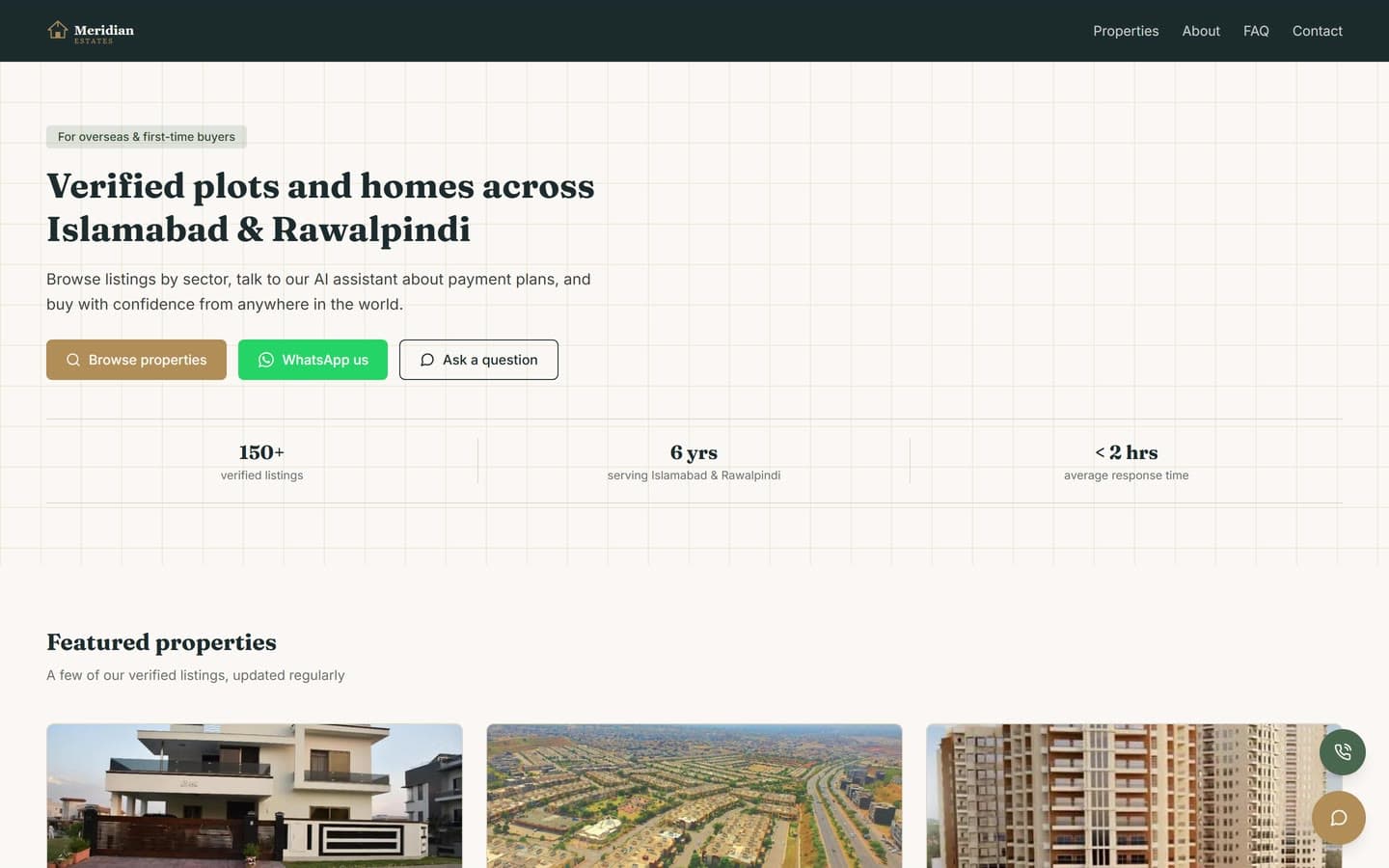 The Meridian Estates homepage scrolling from the headline Verified plots and homes across Islamabad and Rawalpindi to the featured properties