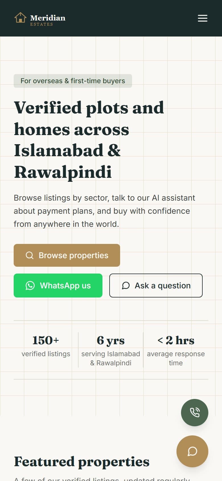 The Meridian Estates homepage scrolling from the headline Verified plots and homes across Islamabad and Rawalpindi to the featured properties