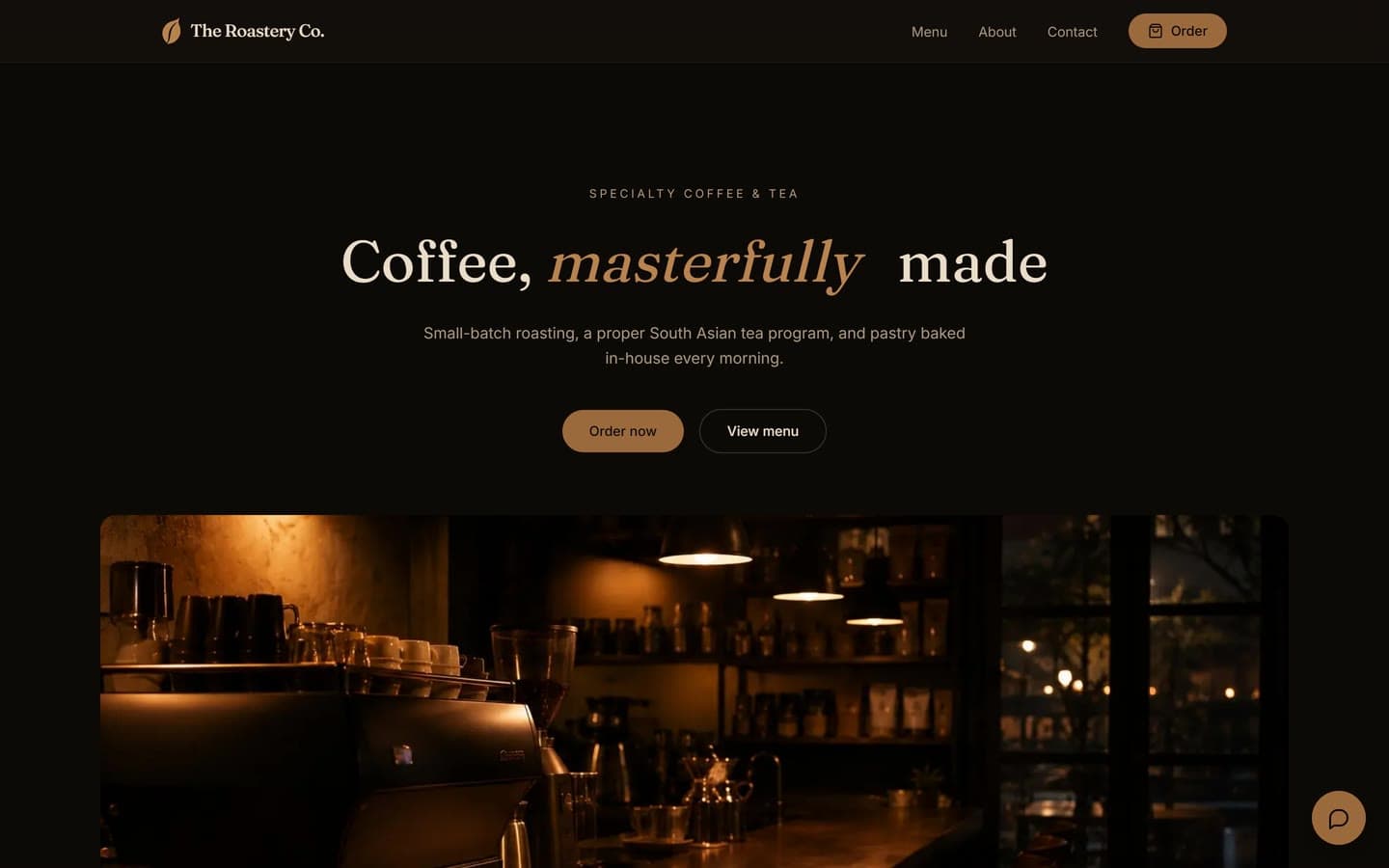 The Roastery Co. homepage scrolling from the headline Coffee, masterfully made to the most ordered drinks