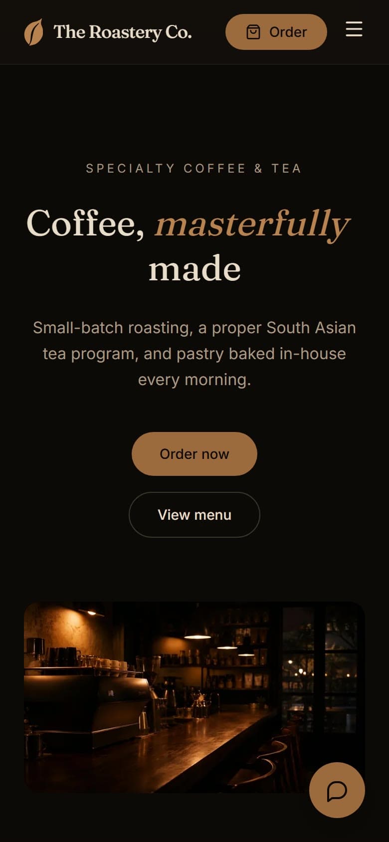 The Roastery Co. homepage scrolling from the headline Coffee, masterfully made to the most ordered drinks